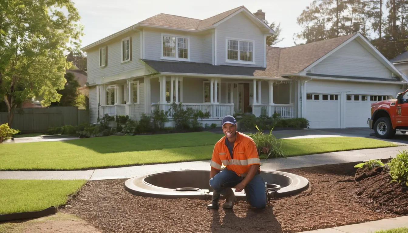 A friendly septic service provider checking a tank lid in a yard near College Park